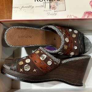 Kenzie Brown and Black Wedge Sandals with Button Accents